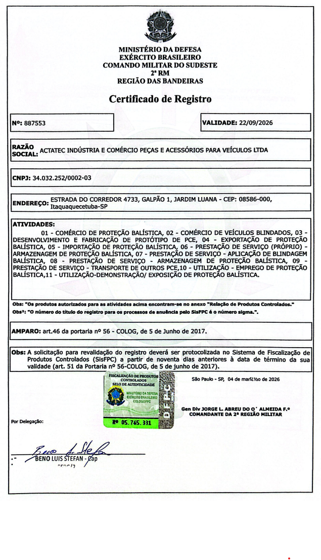 Certificado da Defesa Exército Brasileiro - Actatec Induústria e Comércio Peças e Acessórios para Veículos Ltda
