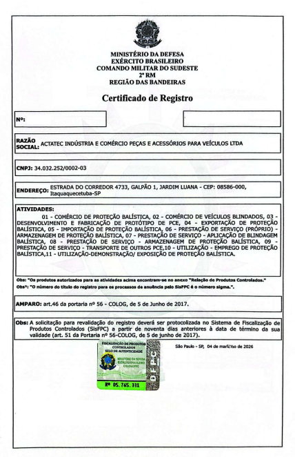 Certificado do Exécito para Actatec Automotive